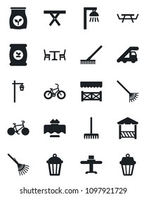 Set of vector isolated black icon - cafe vector, ladder car, rake, garden light, picnic table, fertilizer, bike, restaurant, alcove, outdoor lamp