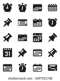 Set of vector isolated black icon - alarm clock vector, drawing pin, calendar, term, paper, schedule