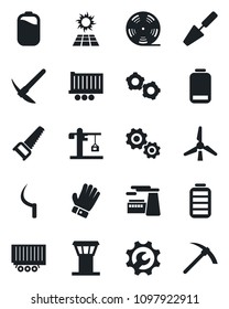 Set of vector isolated black icon - airport tower vector, gear, factory, trowel, glove, saw, sickle, truck trailer, reel, battery, low, root setup, windmill, crane, sun panel, hard work