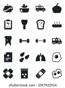 Set of vector isolated black icon - pumpkin vector, seeds, diagnosis, patch, ambulance car, barbell, lungs, caries, implant, pulse clipboard, diet, salad, bread, omelette