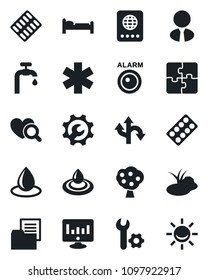 Set of vector isolated black icon - passport vector, bed, statistic monitor, water drop, pond, heart diagnostic, pills blister, ambulance star, route, folder document, application, root setup
