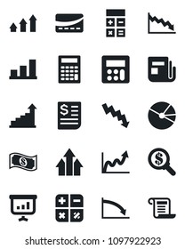 Set of vector isolated black icon - growth statistic vector, calculator, crisis graph, receipt, news, bar, pie, credit card, arrow up, money search, cash, presentation, contract