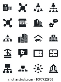 Set of vector isolated black icon - hierarchy vector, well, molecule, hospital, office building, garage, plan, home message