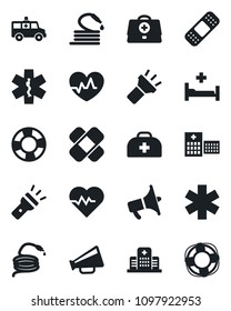 Set of vector isolated black icon - hose vector, heart pulse, doctor case, patch, ambulance star, car, hospital bed, loudspeaker, torch, crisis management