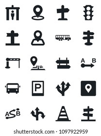 Set of vector isolated black icon - airport bus vector, parking, barrier, security gate, signpost, border cone, route, navigation, traffic light, place tag, guidepost