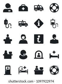 Set of vector isolated black icon - reception vector, medical room, manager place, doctor case, dropper, ambulance car, hospital bed, support, information, crisis management