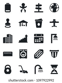 Set of vector isolated black icon - baby vector, stamp, growth statistic, pennant, coffee, lawn mower, earth, heavy, low battery, calendar, office building, warehouse, bathroom, washer, reserved