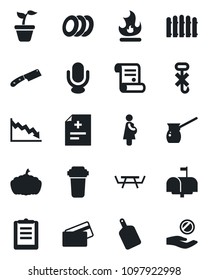Set of vector isolated black icon - contract vector, fence, seedling, fire, pumpkin, picnic table, diagnosis, pregnancy, clipboard, no hook, microphone, mailbox, plates, credit card, cutting board