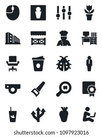 Set of vector isolated black icon - male vector, manager, mouse, desk, coffee, flower in pot, saw, lady bug, real heart, route, search cargo, settings, sertificate, office chair, building, cook