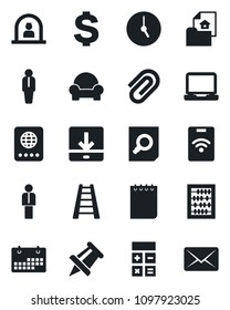 Set of vector isolated black icon - reception vector, passport, manager, dollar sign, calculator, document search, abacus, notepad, drawing pin, ladder, laptop pc, clock, download, calendar, estate