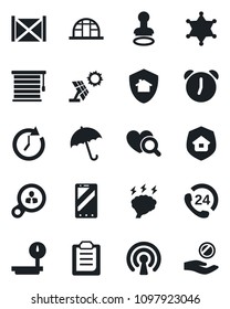 Set of vector isolated black icon - umbrella vector, stamp, mobile phone, brainstorm, greenhouse, heart diagnostic, 24 hours, container, heavy scales, alarm, clipboard, estate insurance, wireless