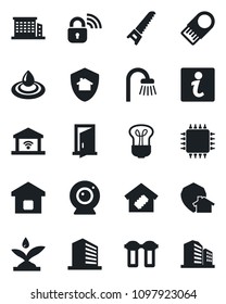 Set of vector isolated black icon - office building vector, saw, bathroom, smart home, chip, wireless lock, irrigation, web camera, water, filter, bulb, garage gate control, protect, door, usb flash