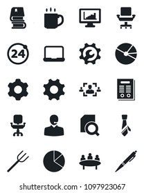 Set of vector isolated black icon - 24 around vector, meeting, farm fork, settings, root setup, coffee, monitor statistics, pie graph, document search, hr, office chair, support, tie, notebook pc