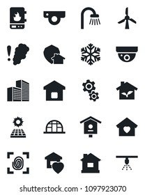 Set of vector isolated black icon - house vector, greenhouse, bird, office building, sun panel, bathroom, sweet home, smart, eco, fingerprint, water heater, web camera, snowflake, gear, protect