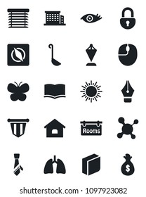 Set of vector isolated black icon - sun vector, book, pennant, mouse, butterfly, molecule, lungs, eye, compass, lock, ink pen, blank box, tie, house, rooms, office building, ladle, jalousie