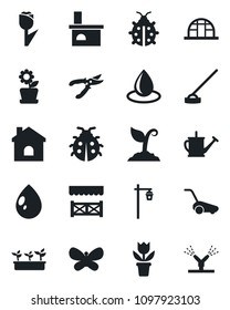 Set of vector isolated black icon - flower in pot vector, watering can, sproute, pruner, lawn mower, butterfly, lady bug, house, seedling, water drop, hoe, garden light, fireplace, greenhouse, tulip
