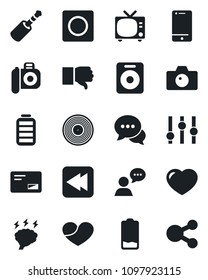 Set of vector isolated black icon - tv vector, camera, brainstorm, vinyl, settings, cell phone, dialog, speaker, finger down, heart, battery, low, mail, rewind, jack connector, record, social media