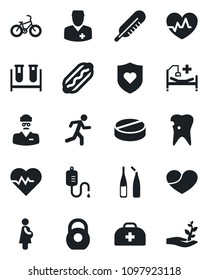 Set of vector isolated black icon - heart pulse vector, doctor case, blood test vial, dropper, thermometer, pills, ampoule, bike, run, shield, hospital bed, caries, pregnancy, heavy, hot dog