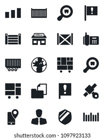 Set of vector isolated black icon - earth vector, important flag, store, satellite, office phone, client, mobile tracking, truck trailer, cargo container, consolidated, folder document, sorting