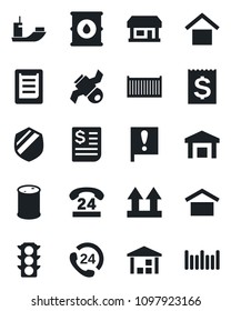Set of vector isolated black icon - important flag vector, store, satellite, traffic light, 24 hours, sea shipping, cargo container, receipt, clipboard, warehouse storage, up side sign, shield
