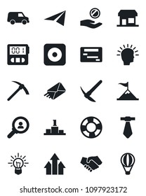 Set of vector isolated black icon - rec button vector, stopwatch, consumer search, arrow up graph, shining head, motivation, handshake, investment, idea, car, paper plane, schedule, mail, pedestal