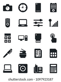 Set of vector isolated black icon - camera vector, calculator, clock, touch screen, laptop pc, radio phone, back, mobile, tuning, sim, cellular signal, notebook, copier, pen, remote control