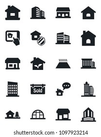 Set of vector isolated black icon - house vector, greenhouse, store, with tree, sold signboard, office building, city, estate insurance, cafe, eco, home control app, warm floor, message, storefront