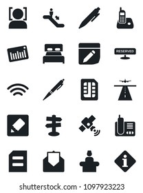 Set of vector isolated black icon - runway vector, escalator, reception, pen, document, signpost, barcode, satellite, radio phone, mail, sim, notes, wireless, face id, bedroom, reserved, information