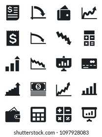 Set of vector isolated black icon - credit card vector, growth statistic, calculator, crisis graph, receipt, bar, wallet, cash, presentation