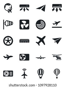 Set of vector isolated black icon - plane radar vector, departure, wind, helicopter, globe, air conditioner, fan, paper, balloon