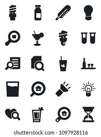 Set of vector isolated black icon - document search vector, bulb, blood test vial, thermometer, heart diagnostic, ampoule, cargo, torch, estate, alcohol, drink, cocktail, phyto bar, energy saving