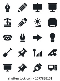 Set of vector isolated black icon - right arrow vector, ladder car, presentation board, drawing pin, bulb, pencil, shovel, well, hdmi, brightness, cellular signal, ink pen, phone, pc
