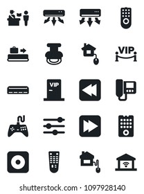 Set of vector isolated black icon - baggage conveyor vector, passport control, gamepad, remote, fast forward, rewind, rec button, tuning, stamp, air conditioner, vip zone, home, intercome