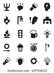Set of vector isolated black icon - brainstorm vector, fire, sun, garden light, traffic, torch, brightness, fireplace, beer, candle, smoke detector, outdoor lamp, alarm led, shining head, idea