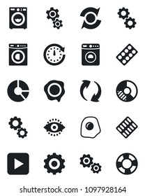 Set of vector isolated black icon - washer vector, gear, circle chart, stamp, pills blister, play button, update, eye id, omelette, clock, crisis management