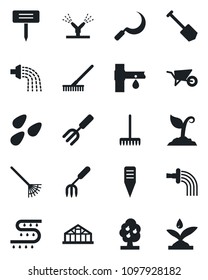 Set of vector isolated black icon - job vector, garden fork, rake, wheelbarrow, watering, sproute, sickle, plant label, greenhouse, seeds, drip irrigation, fruit tree