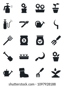 Set of vector isolated black icon - job vector, flower in pot, garden fork, farm, seedling, watering can, pruner, boot, sickle, sprayer, fertilizer, irrigation