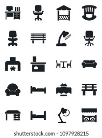 Set of vector isolated black icon - cafe vector, bed, office chair, desk, bench, fireplace, lamp, bedroom, children room, cushioned furniture, restaurant table, alcove