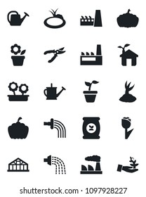 Set of vector isolated black icon - factory vector, flower in pot, seedling, watering can, sproute, pruner, pumpkin, greenhouse, pond, fertilizer, tulip, eco house, palm
