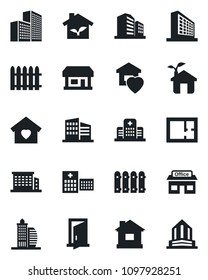 Set of vector isolated black icon - office building vector, fence, house, hospital, store, plan, sweet home, eco, door