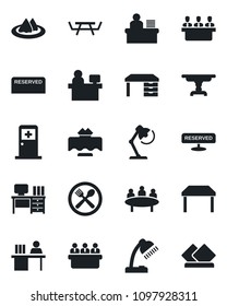 Set of vector isolated black icon - medical room vector, desk, meeting, manager place, picnic table, lamp, restaurant, serviette, cafe, reserved