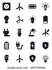 Set of vector isolated black icon - bulb vector, battery, low, protect, charge, desk lamp, windmill, socket, power plug, energy saving, idea
