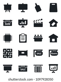 Set of vector isolated black icon - fence vector, flight table, presentation board, meeting, clapboard, clipboard, sale, rooms, sold signboard, smart home, cutting, chip