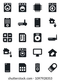 Set of vector isolated black icon - washer vector, calculator, monitor, speaker, phone back, sim, smart home, control, chip, remote, router, usb flash