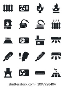 Set of vector isolated black icon - fire vector, hose, fireplace, thermometer, heater, air conditioner, water, smoke detector, radiator, warm floor