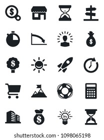 Set of vector isolated black icon - stopwatch vector, alarm led, shining head, motivation, rocket, money bag, clock, crisis, search, idea, cart, calculator, management, tree, storefront, guidepost