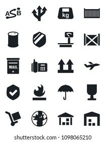 Set of vector isolated black icon - route vector, earth, plane, office phone, cargo container, fragile, umbrella, up side sign, warehouse, shield, heavy, flammable, oil barrel, scales, mailbox