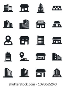 Set of vector isolated black icon - taxi vector, shop, office building, navigation, store, city house, cafe, storefront