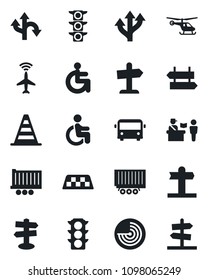Set of vector isolated black icon - plane radar vector, taxi, airport bus, passport control, signpost, border cone, helicopter, disabled, route, traffic light, truck trailer, guidepost