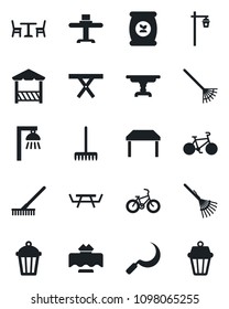 Set of vector isolated black icon - cafe vector, rake, sickle, garden light, picnic table, fertilizer, bike, restaurant, alcove, outdoor lamp